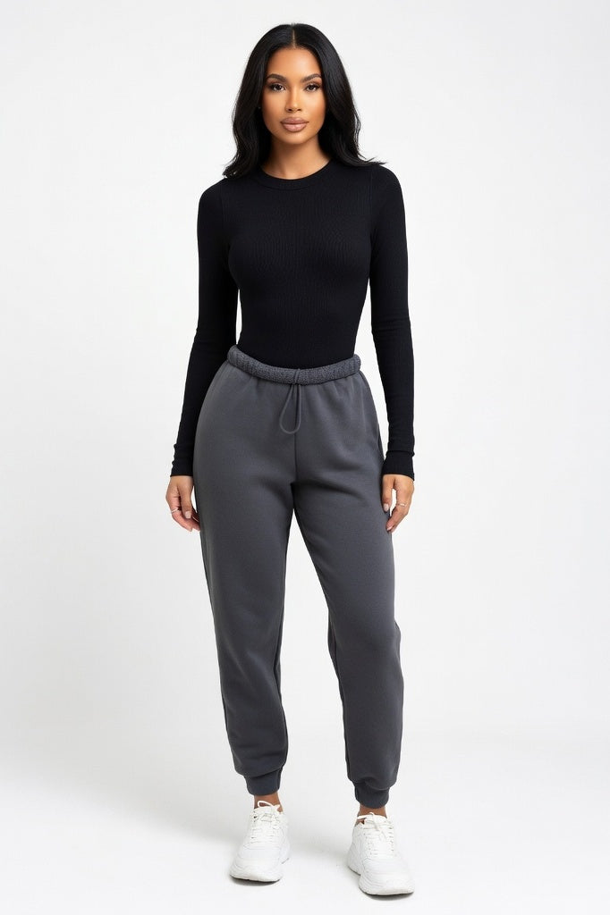 Ribbed Long Sleeve Fitted Top — Dark Grey