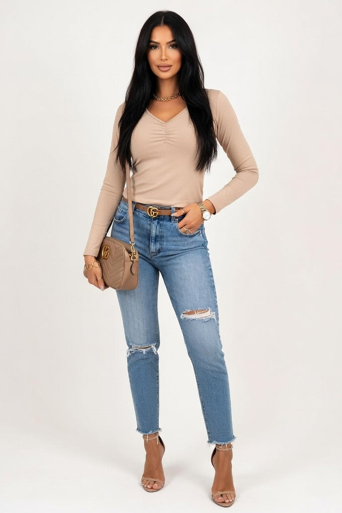 V-Neck Pleated Long Sleeve Top — Khaki