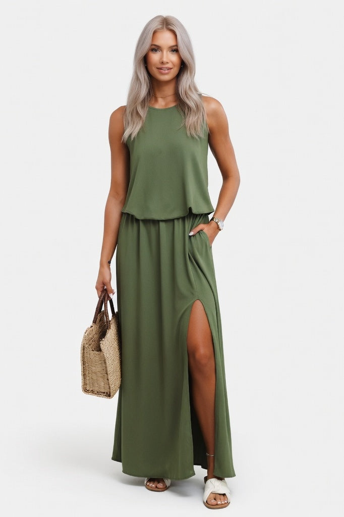 Halter Split Midi Dress — Dark Green