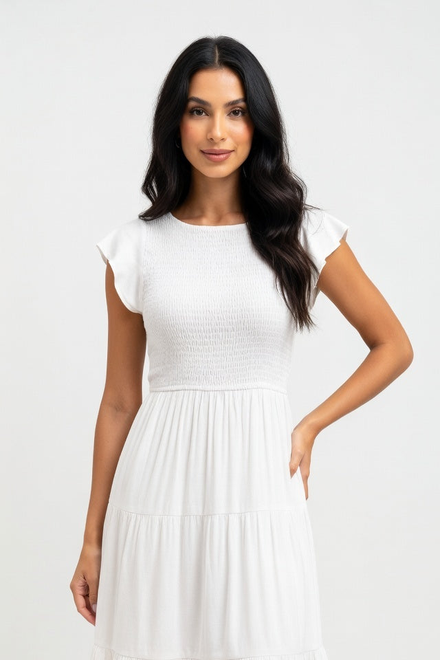Pleated Short Sleeve Dress — White