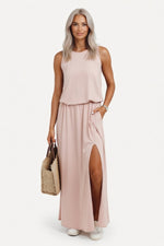 Modal Halter Split Midi Dress — Khaki