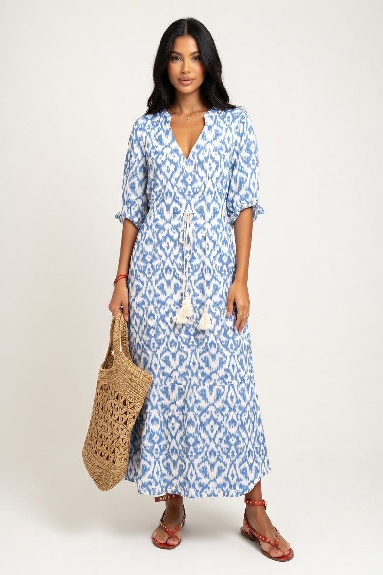 Printed V-Neck Midi Dress — Sky Blue