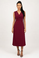 Cross Waist V-Neck Midi Dress — Burgundy