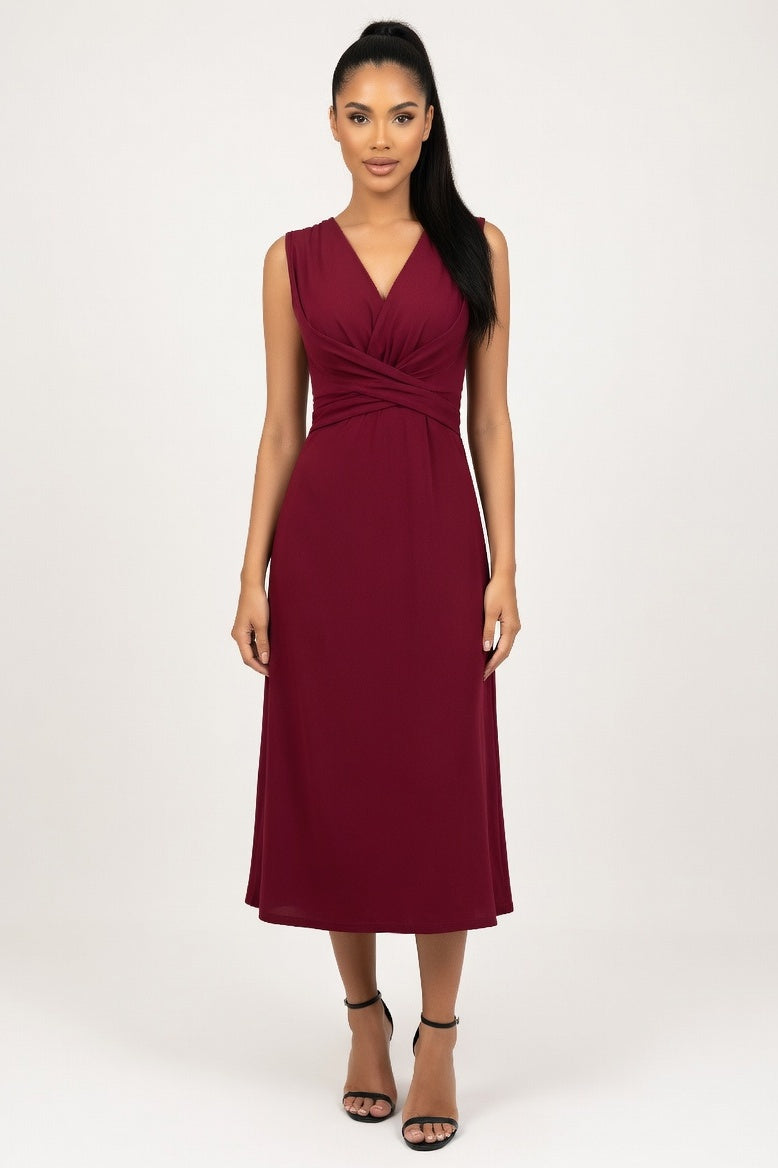 Cross Waist V-Neck Midi Dress — Burgundy