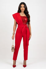Sequined Sleeveless Jumpsuit — Red Sequin