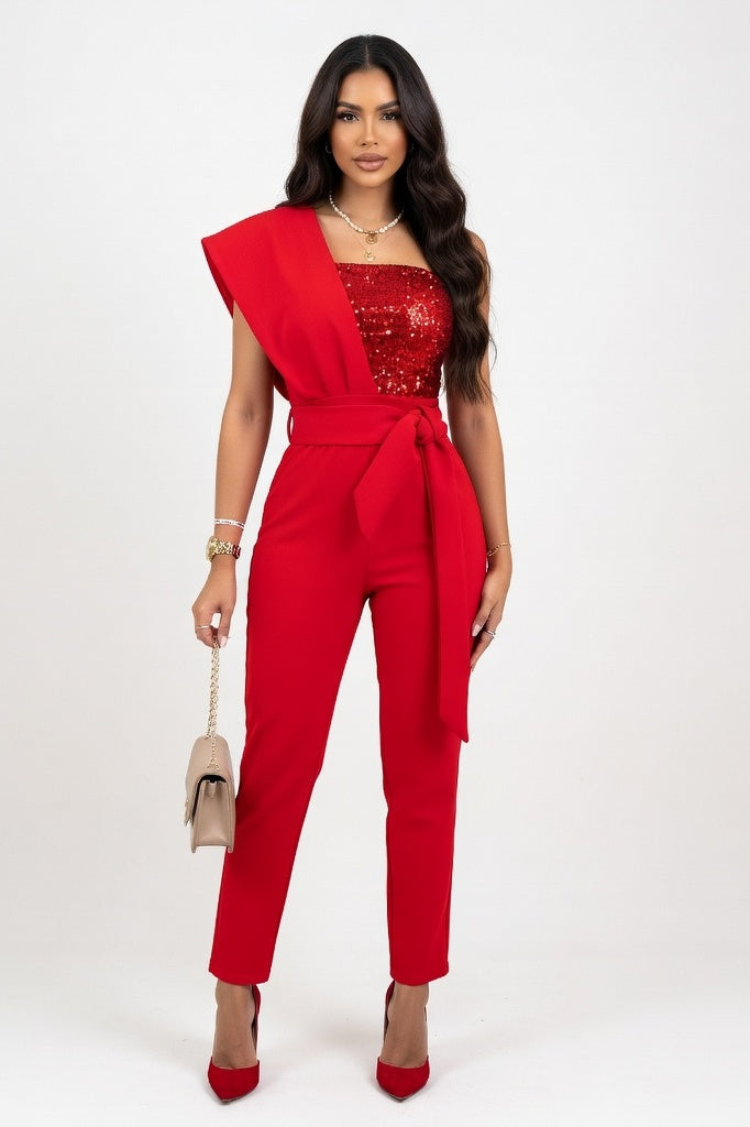 Sequined Sleeveless Jumpsuit — Red Sequin