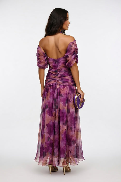 Printed Off-Shoulder Pleated Dress — back view