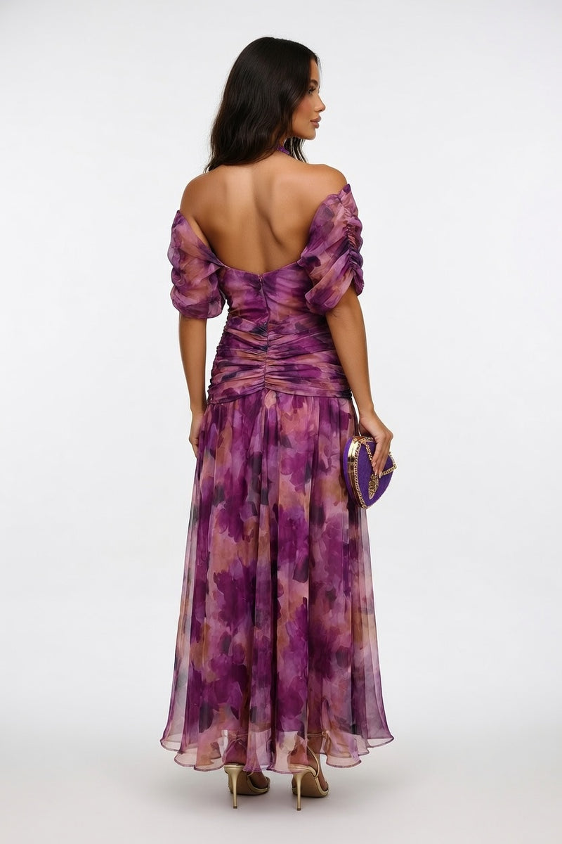 Printed Off-Shoulder Pleated Dress — back view