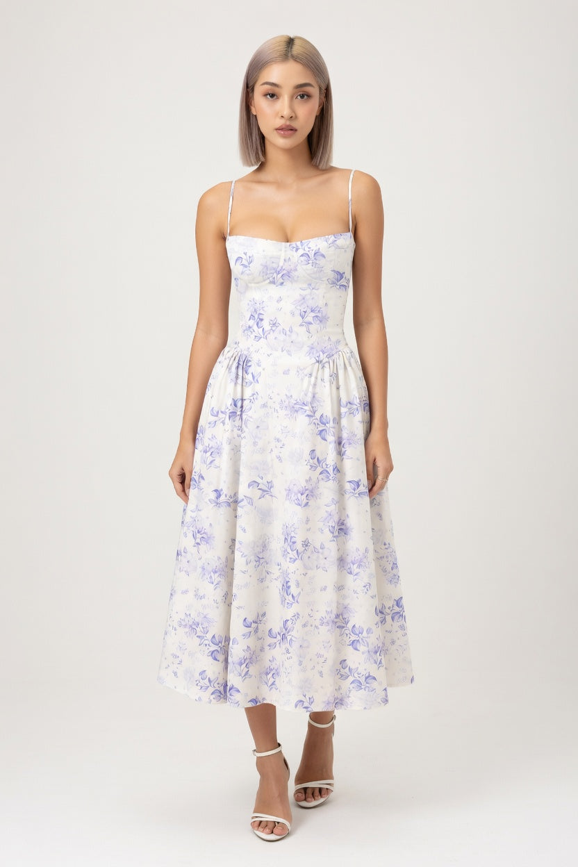 Halter Midi Dress — White Blue Floral