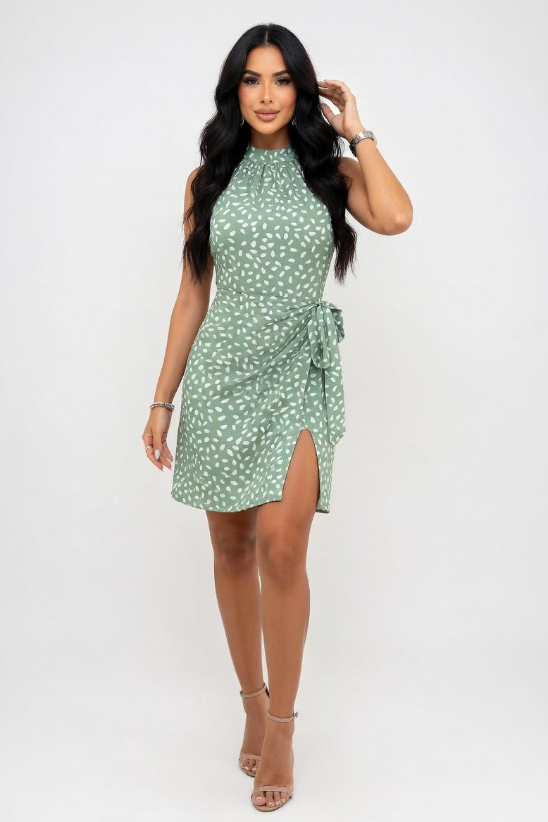 Halter Pleated Mini Dress — Light Green
