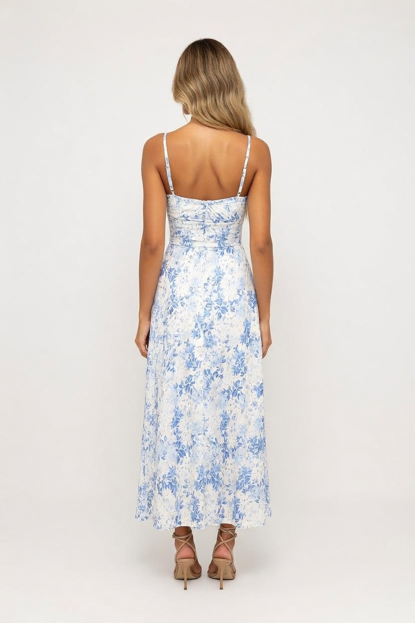 Floral Print Slit Midi Dress — back view