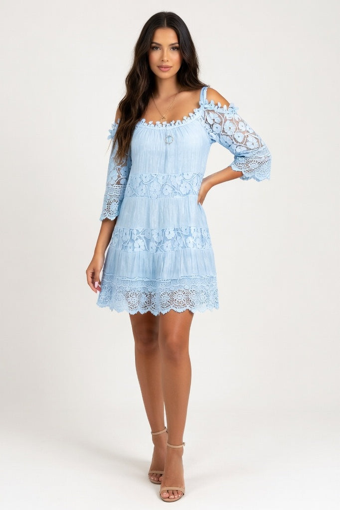 Lace Off-Shoulder Dress — Light Blue