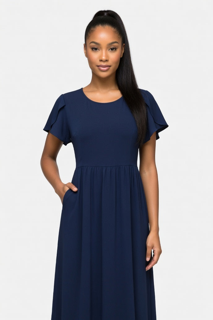 Petal Sleeve Midi Dress — Navy Blue