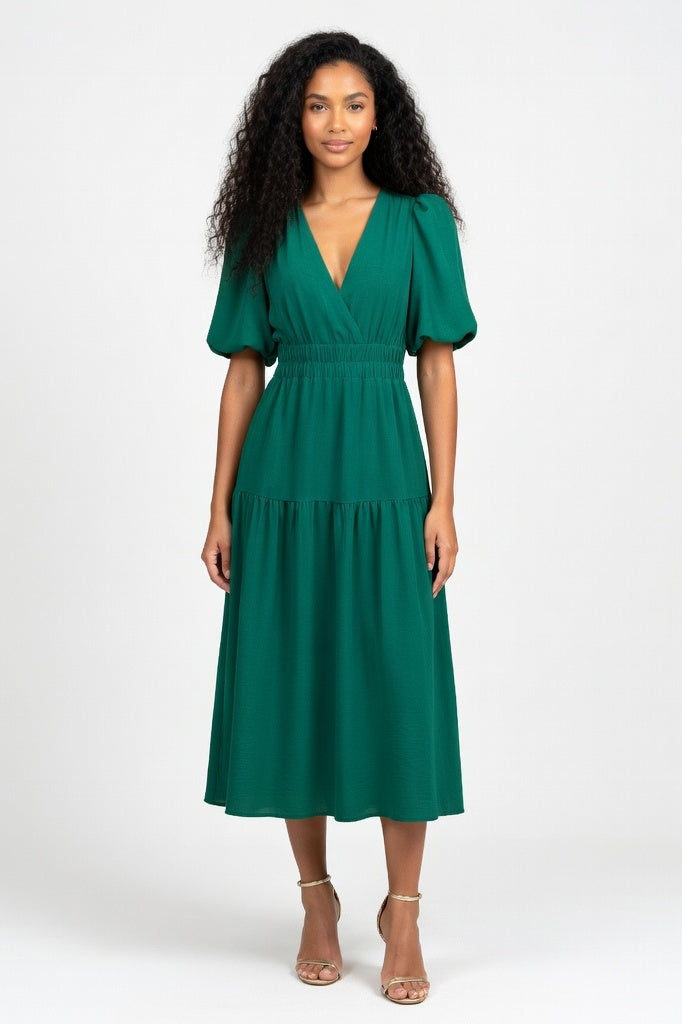 Deep V Puff Sleeve Maxi Dress — Green