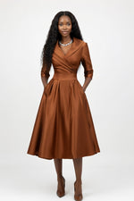 Satin Waist-Tie Midi Dress — Coffee