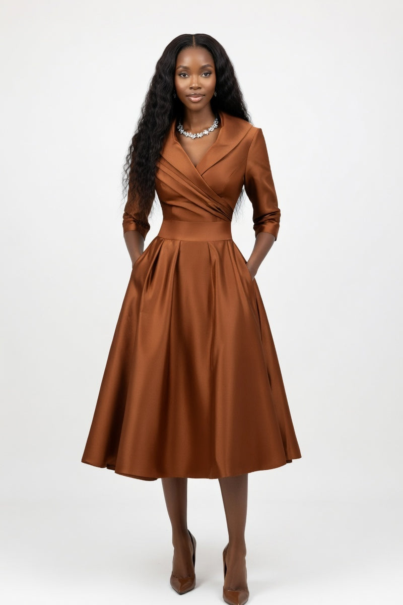 Satin Waist-Tie Midi Dress — Coffee