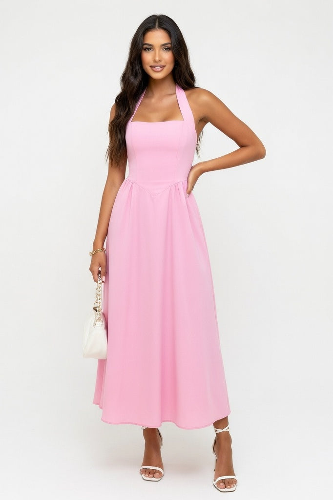 Square Neck Splice Dress — Pink