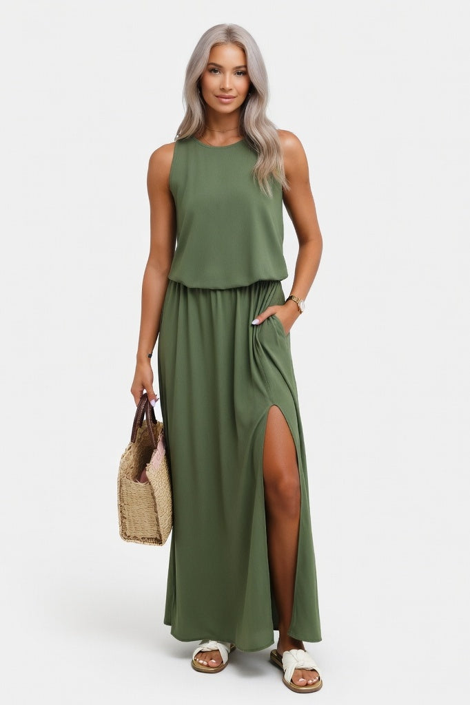 Modal Split Maxi Dress — Dark Green
