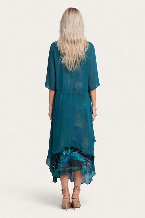Feather Print Cami Dress with Chiffon Cardigan Set — back view