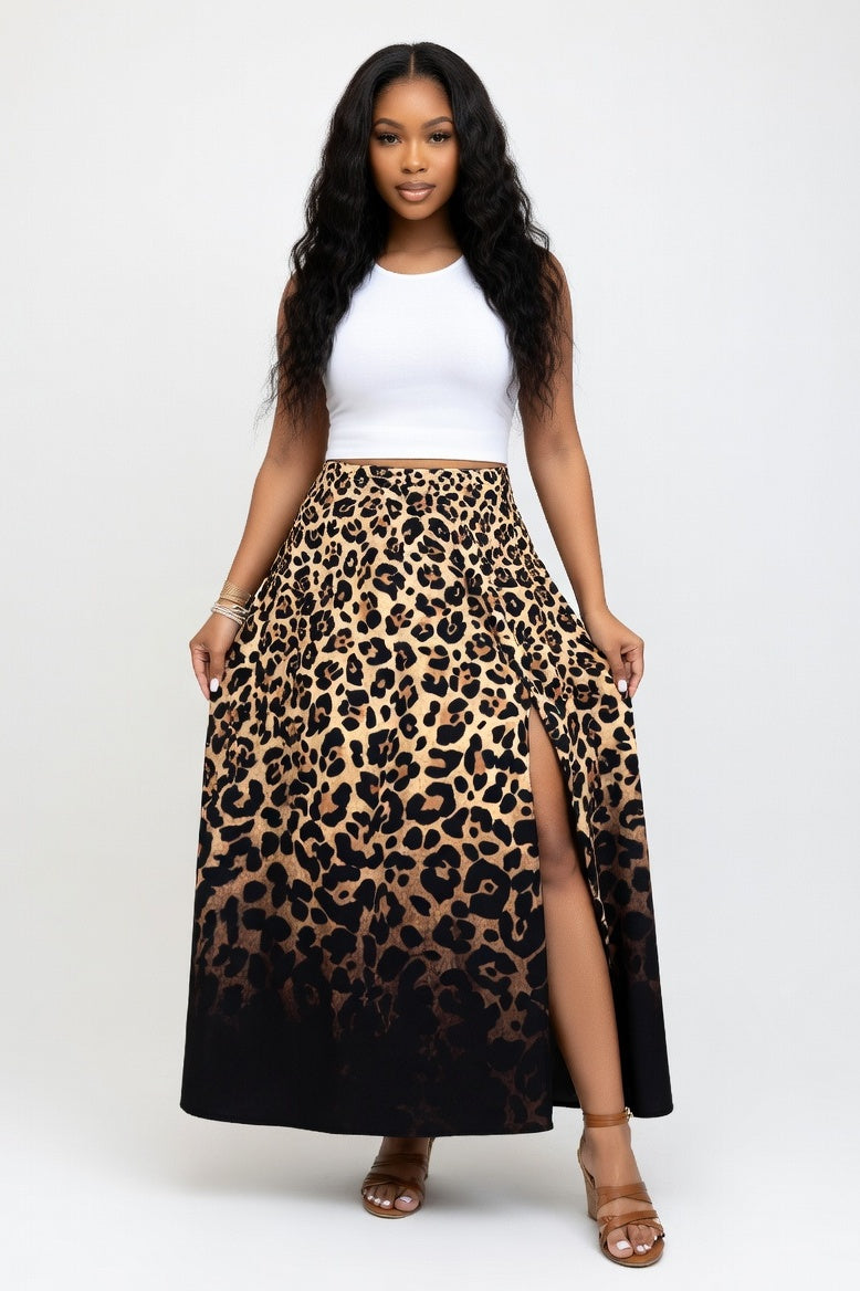 Printed Slit Midi Skirt — Leopard