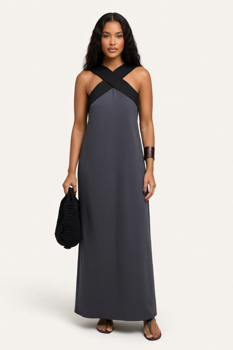 Cross Back Maxi Dress — Grey