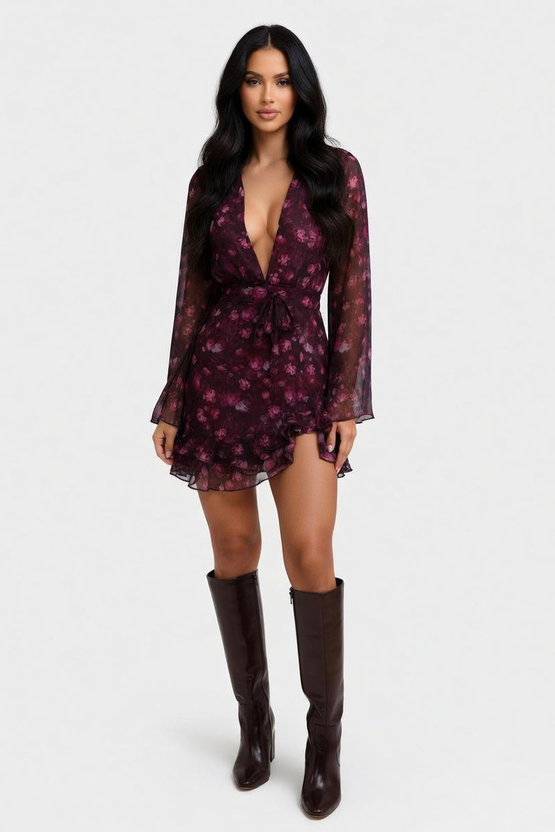 Floral Print Deep V Midi Dress — front view