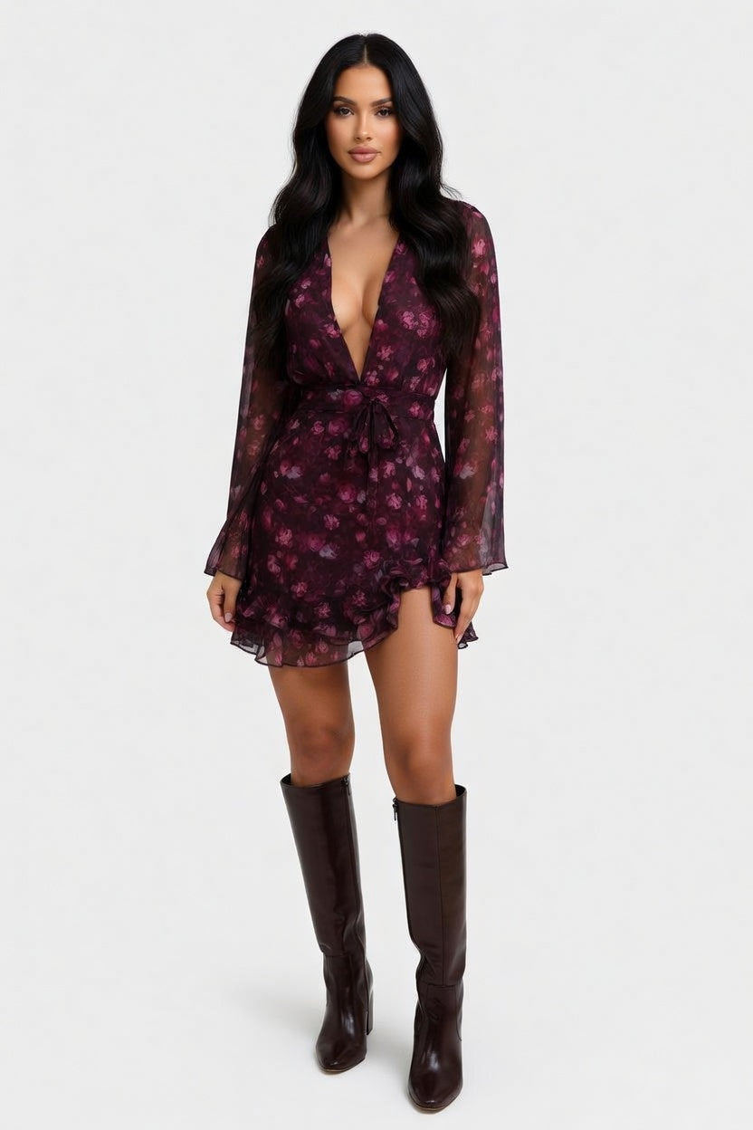 Floral Print Deep V Midi Dress — front view