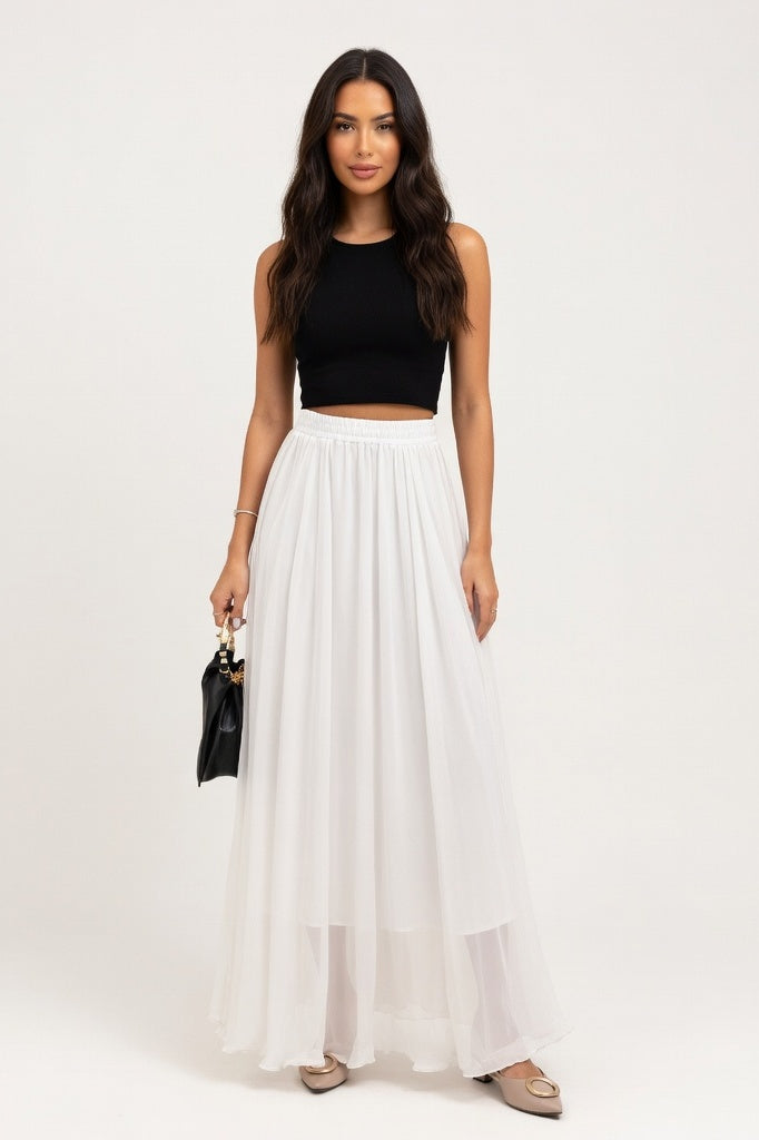 Chiffon High-Waist Maxi Skirt — White