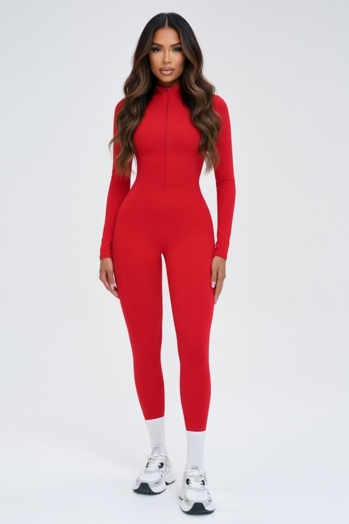 High-Neck Zip Bodysuit — Red