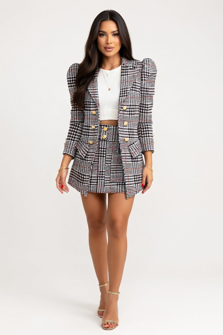 Printed Blazer & Skirt Co-ord Set — Black Check
