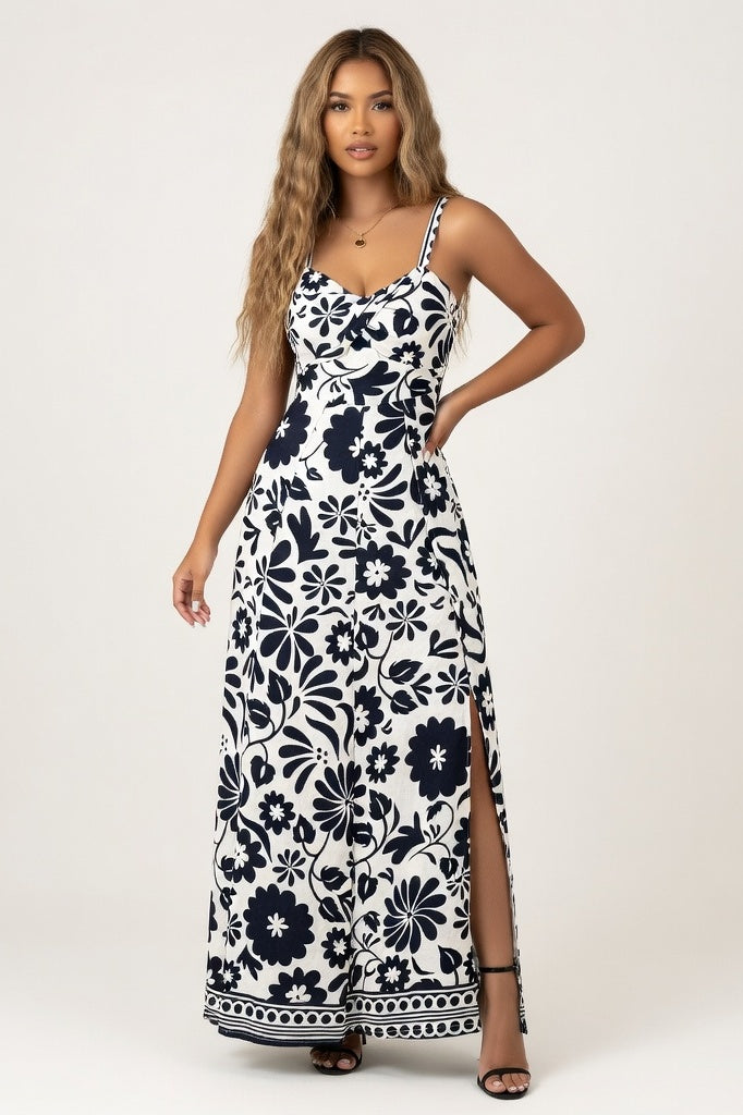 Printed Halter Wide-Leg Jumpsuit — Navy Blue