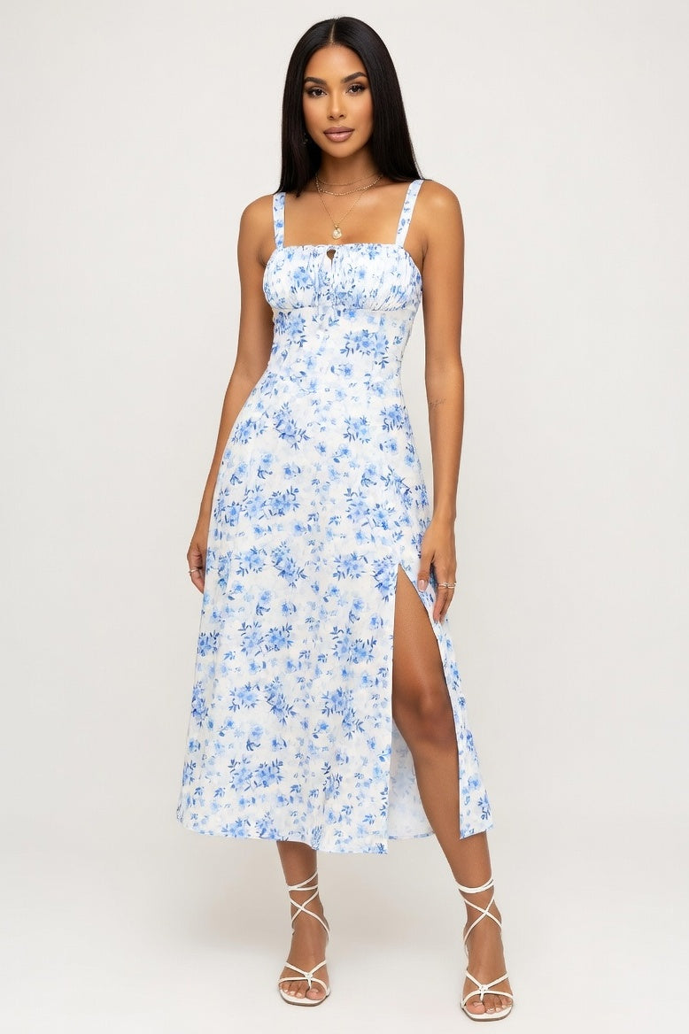 Floral Print Slit Midi Dress — Blue