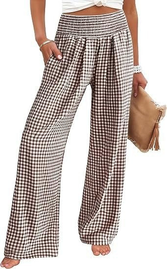 Check Print Wide Leg Trousers — Brown Check — colour variant