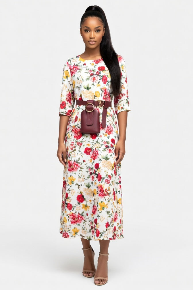 Chiffon Floral Maxi Dress — White Red Floral