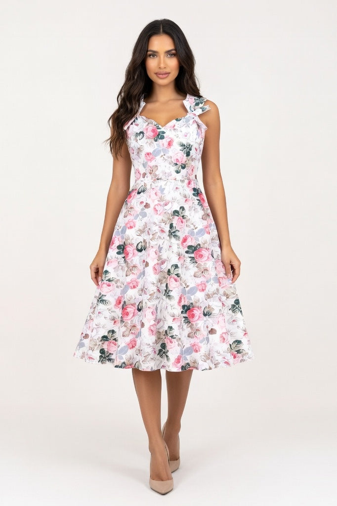 Floral Print Midi Dress with Bow Detail — Green Leaf Pink Floral