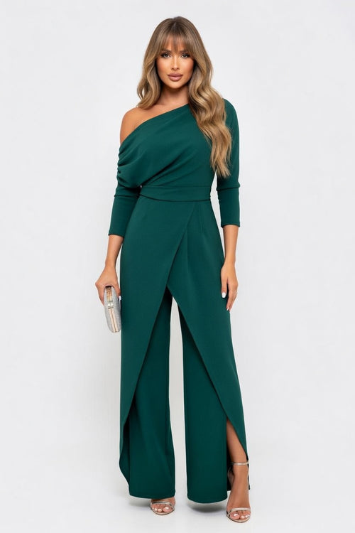 One Shoulder Pleated Wide Leg Jumpsuit — front view