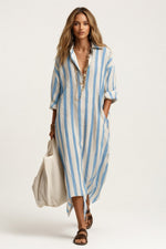 Striped V-Neck Shirt Dress — Blue