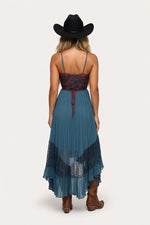 Denim Lace Splice Midi Dress — back view