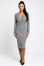 Draped Deep V Midi Dress — Digital Houndstooth