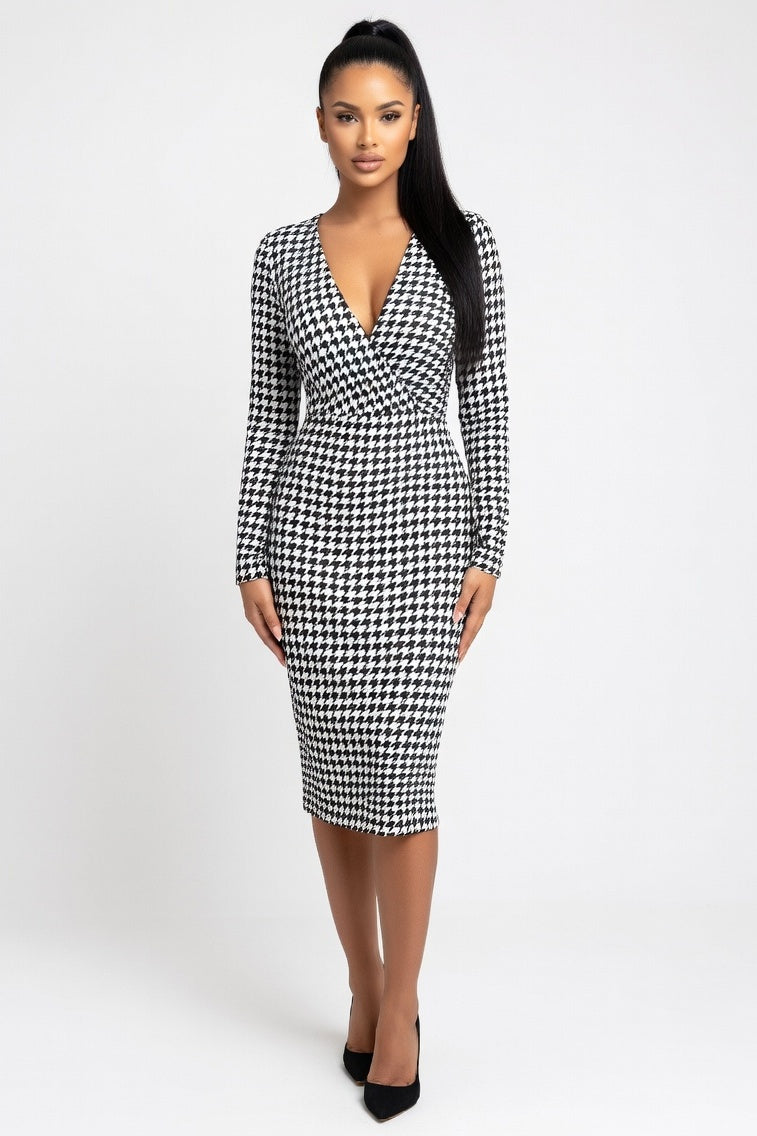 Draped Deep V Midi Dress — Digital Houndstooth