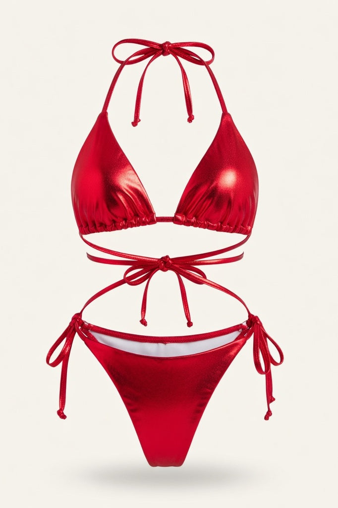 Lace-Up Bikini Set — Red Gold Foil