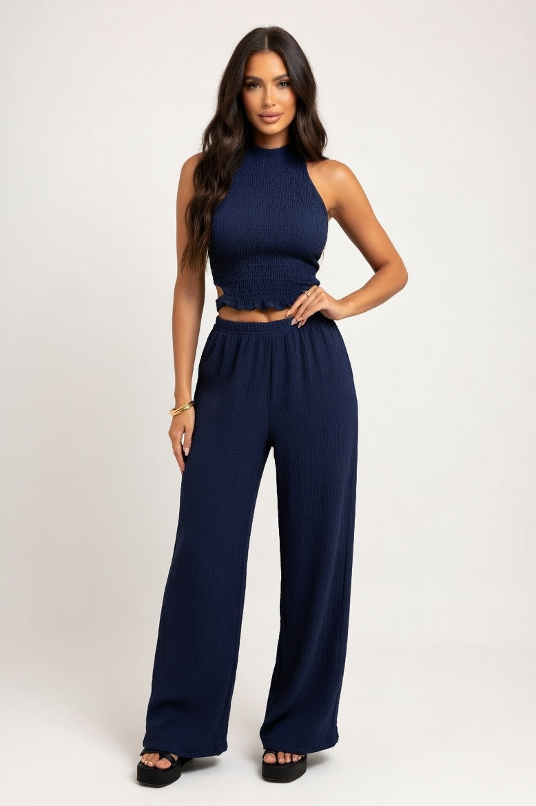 Wide Leg Co-ord Set — Navy Blue