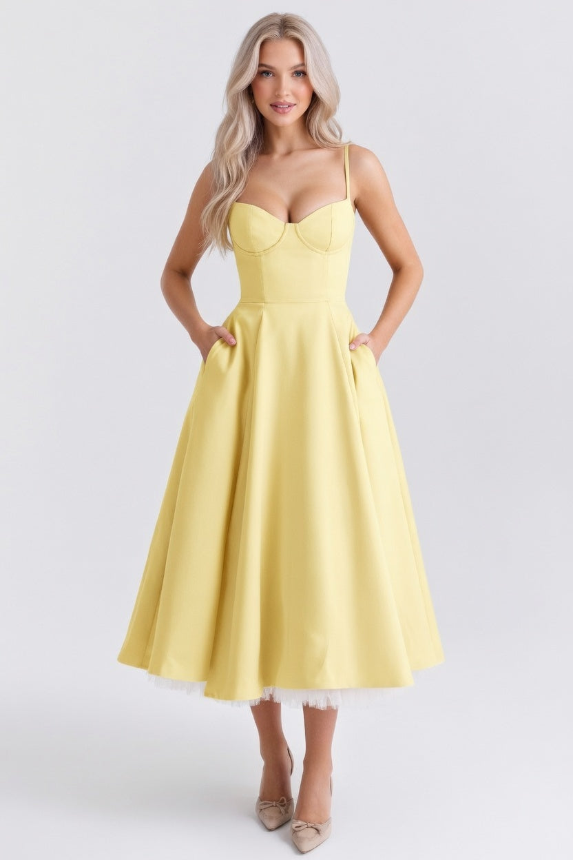 Mesh Double Layer Halter Dress — Yellow