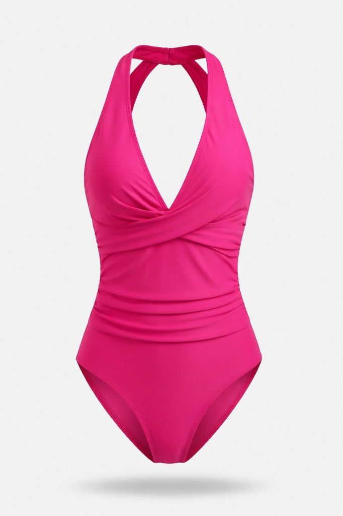 Cross Back Colour Block Swimsuit — Rose Red