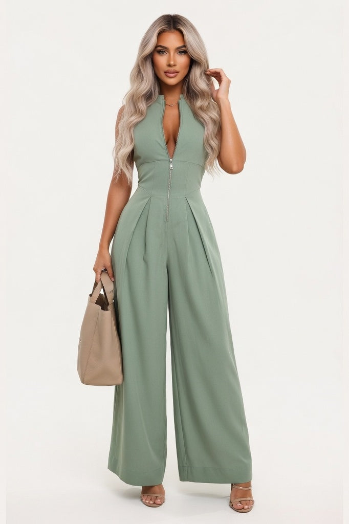 V-Neck Sleeveless Jumpsuit — Green