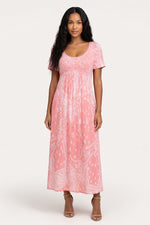 Printed Midi Dress Round Neck Short Sleeve — Pink