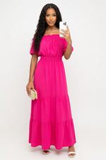 Off-Shoulder Midi Dress — Rose Red