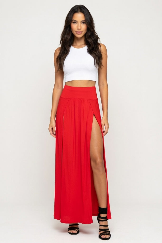 Front Split Maxi Skirt — Red