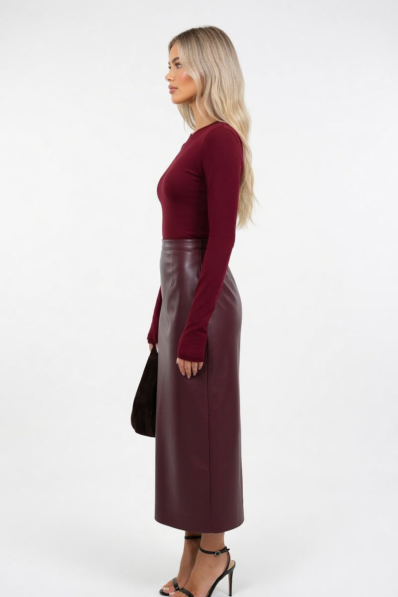 Faux Leather Mini Skirt with Side Slit — side view