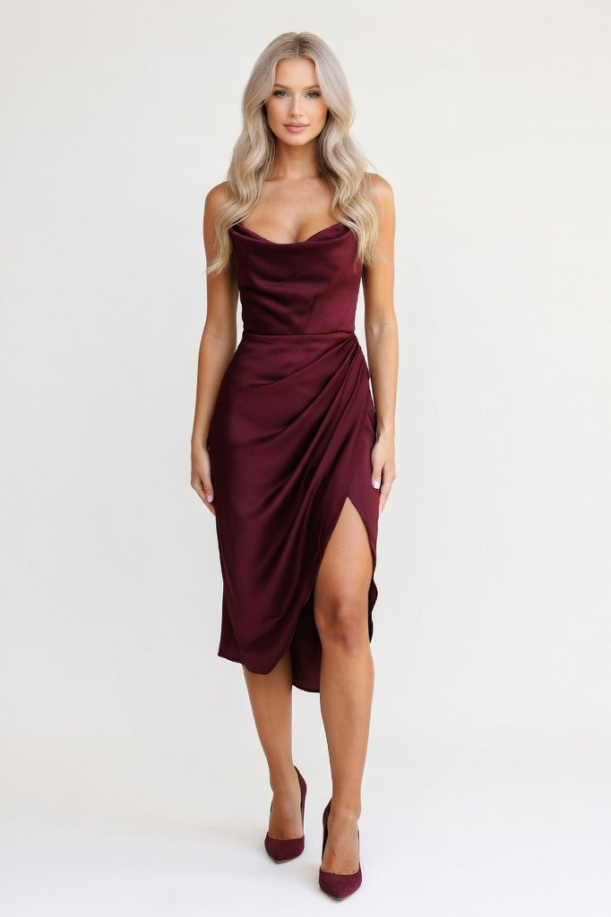 Satin Slip Dress with Side Split — Burgundy